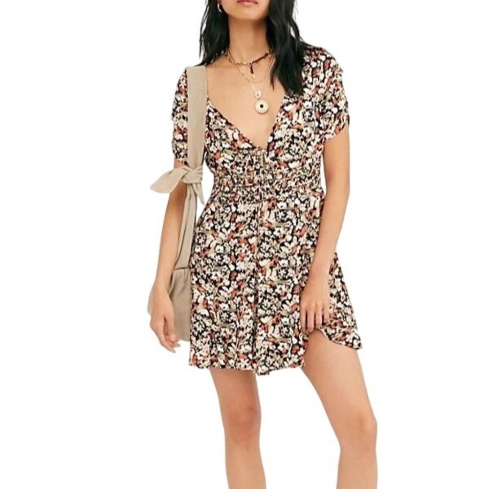 NWT, Free People Dress,  Forget Me Not Floral Print, Black, Size 6